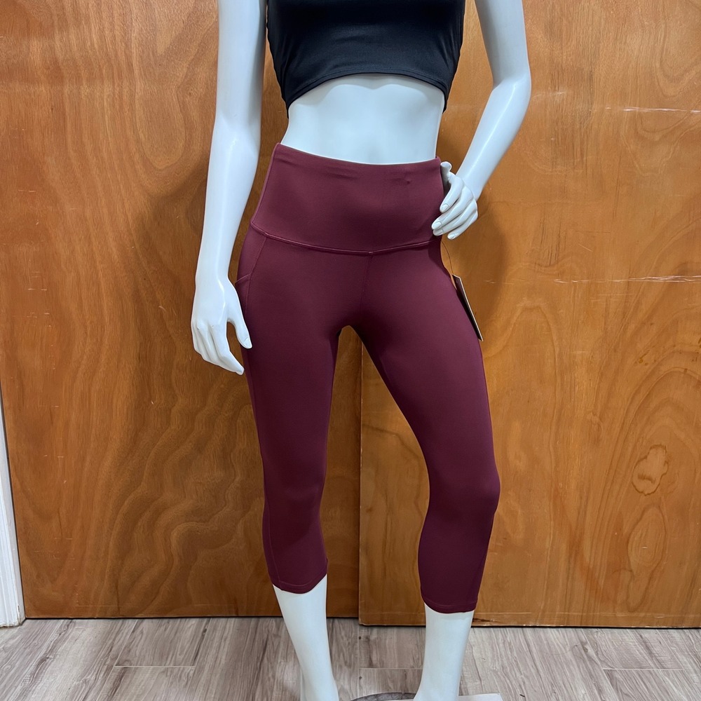 LifeSky Womens L Burgundy High Rise Capri Leggings Pockets Yoga Activewear
